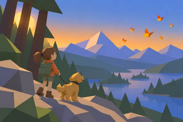 Animatic: the same shot blocked out in simple low-poly 3D at sunset.