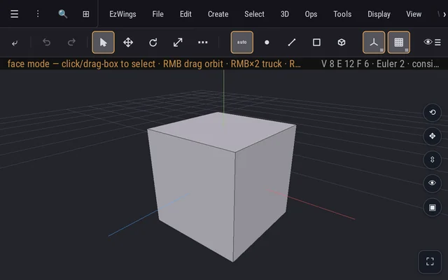EzWings in a web browser: menus, the modeling toolbar, and a cube in the 3D viewport.