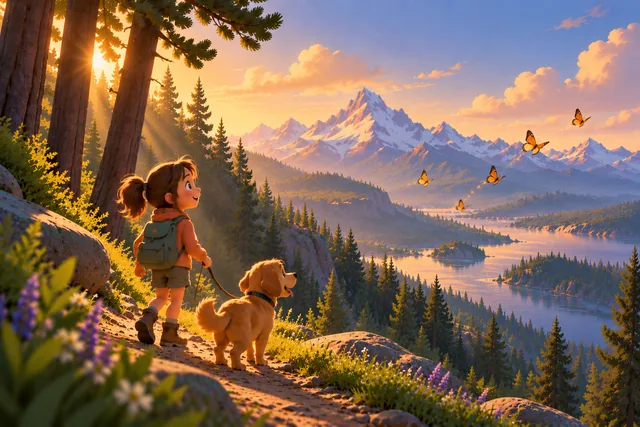 Final frame: the same shot fully rendered, the girl and her golden dog on a sunlit trail above a mountain lake.