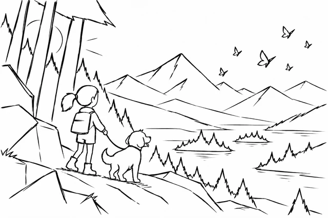Storyboard sketch in quick ink: a girl with a backpack and her dog on a rocky ledge under tall trees, looking out over a lake and mountains, with butterflies overhead.